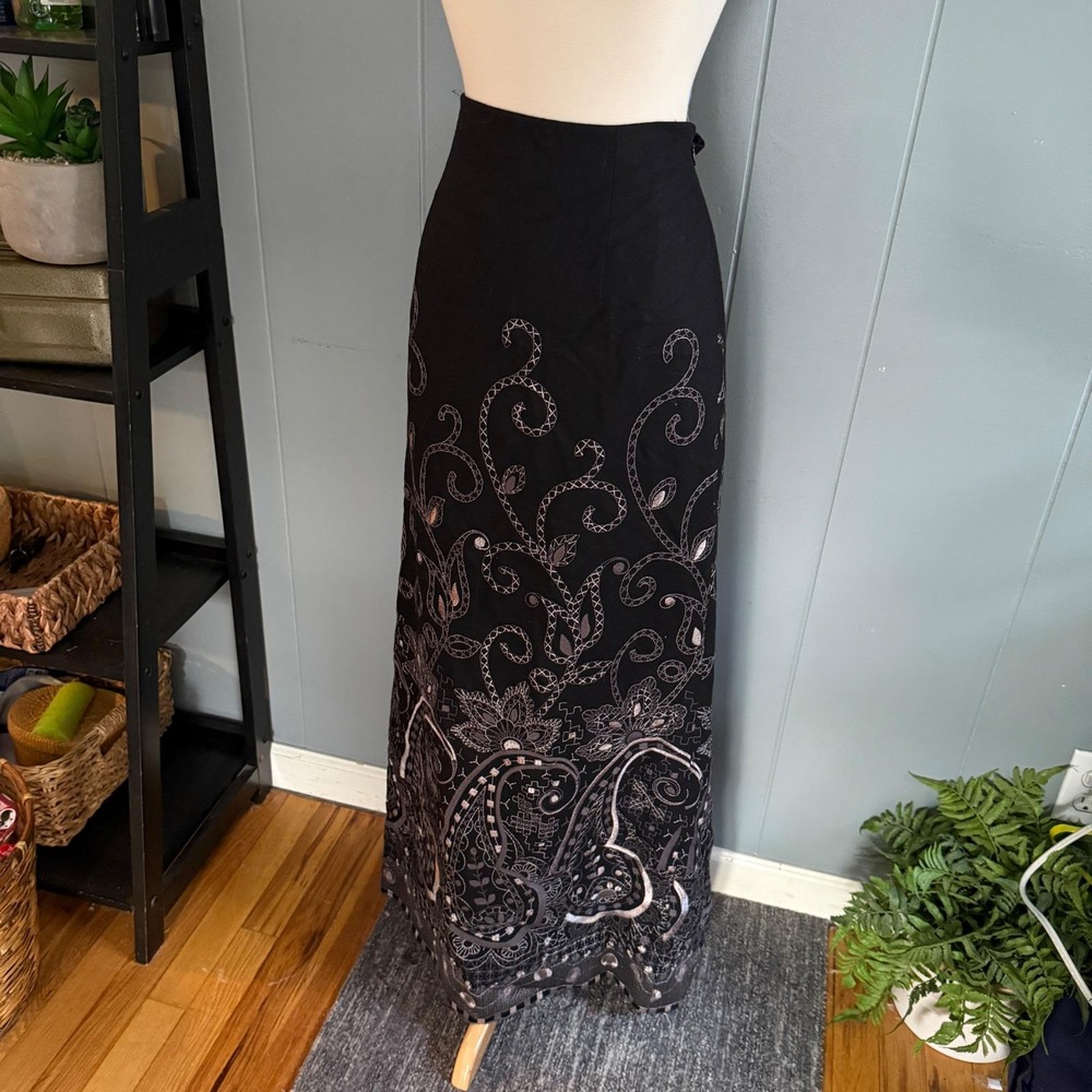 Talbots NWT Deadstock Womens Black Wool Blend Embroidered Paisley Maxi Skirt 4